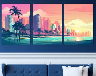Miami Synthwave 3 Piece Canvas Wall Art | Synthwave Canvas Art Print | Synthwave Wall Decor | Miami Beach Art | Retro Synthwave Art