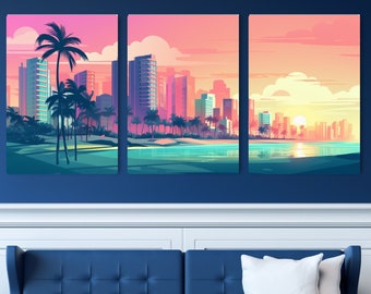 Miami Beach Synthwave Canvas Art: Retro Tropical Triptych