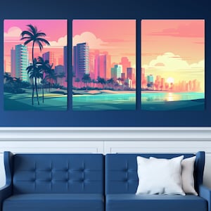 Miami Synthwave 3 Piece Canvas Wall Art | Synthwave Canvas Art Print | Synthwave Wall Decor | Miami Beach Art | Retro Synthwave Art