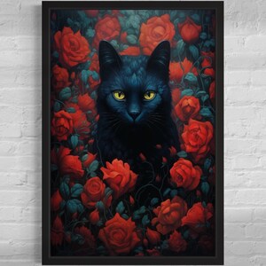 Black Cat and Roses - Black Cat Art Print | Cat Art Prints | Modern Cat Art | Gift for Cat Lovers | Painting of Roses | Black Cat Painting