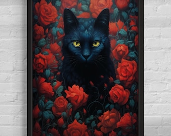 Black Cat and Roses Art Print: Modern Feline Canvas Wall Art