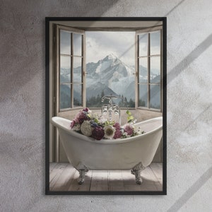 Vintage Bathtub Art Mountains & Peonies - Bathtub Wall Art | Vintage Bathroom Art | Rustic Bathroom Print | Floral Bathroom Art