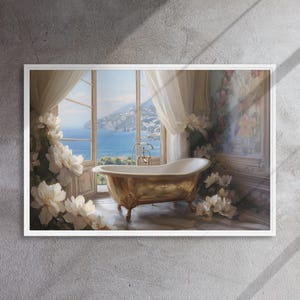 Amalfi Coast Vintage Bathroom Wall Art | Bathroom Canvas Print | Floral Bathroom Art | Magnolia Flowers Art