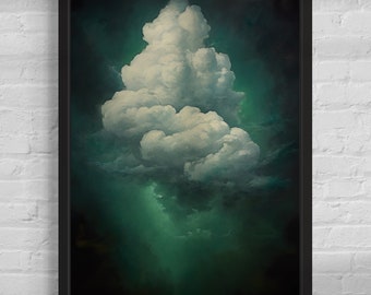 May include: A framed art print featuring a dramatic cloudscape. The artwork showcases a large, fluffy white cloud formation against a backdrop of deep teal and dark green hues. The painting is enclosed in a black frame, creating a striking contrast.