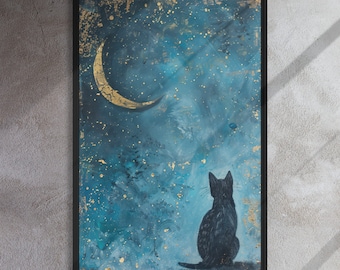 Black Cat Moon Art Print: Abstract Cat Lover Gift