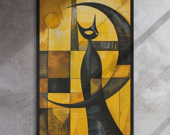 Surreal Black Cat Art Print: Cubist Moon Painting
