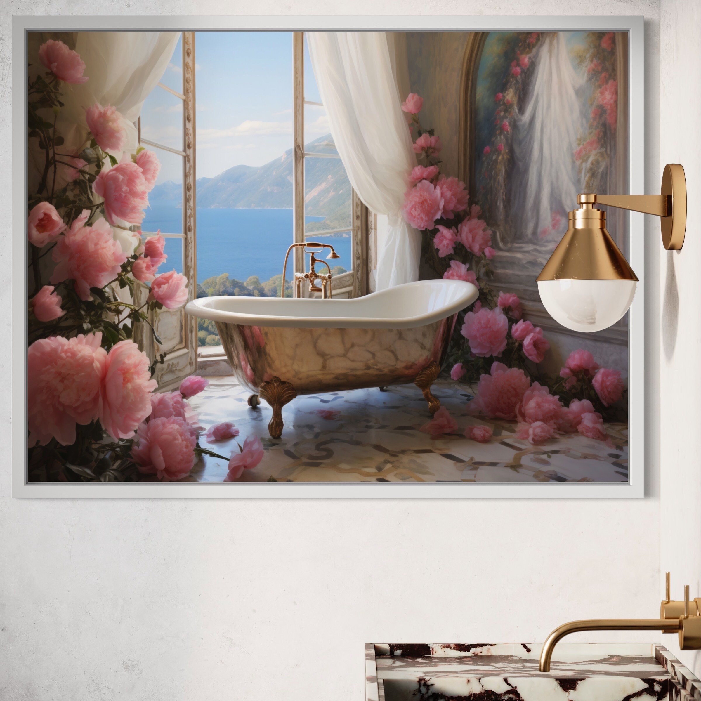 Amalfi Coast Vintage Bathroom Wall Art | Bathroom Canvas Print | Floral ...