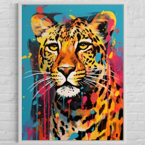 Lienzo de guepardo de arte pop para pared / Impresión de guepardo / Arte colorido de gatos / Póster de animales para niños / Póster de guepardo / Arte colorido de animales