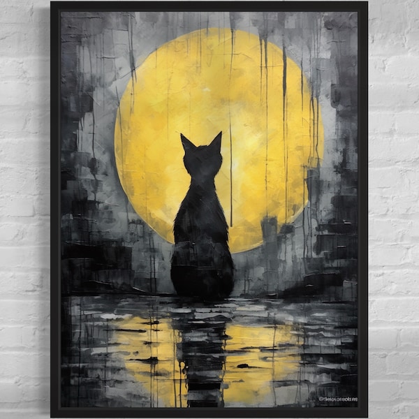 Black Cat Canvas Wall Art | Halloween Cat Original Art | Cat Silhouette under a Yellow Harvest Moon | A Unique Gift for Cat Lovers