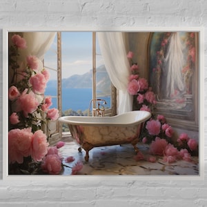Amalfi Coast Vintage Bathroom Wall Art | Bathroom Canvas Print | Floral Bathroom Art | Vintage Bathtub Wall Art