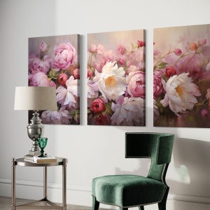 3 Piece Floral Canvas Wall Art of Peonies and Roses