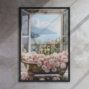 Vintage Bathtub Art Amalfi & Peonies - Bathtub Wall Art | Vintage Bathroom Art | Coastal Bathroom Print | Bathroom Wall Arts