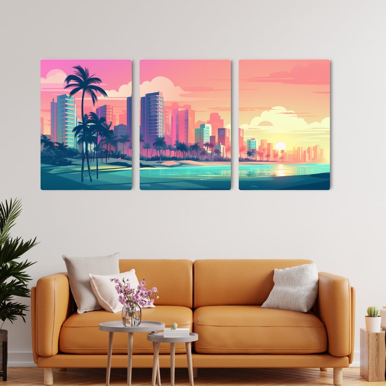 Miami Synthwave 3 Piece Canvas Wall Art Synthwave Canvas Art Print Synthwave Wall Decor Miami