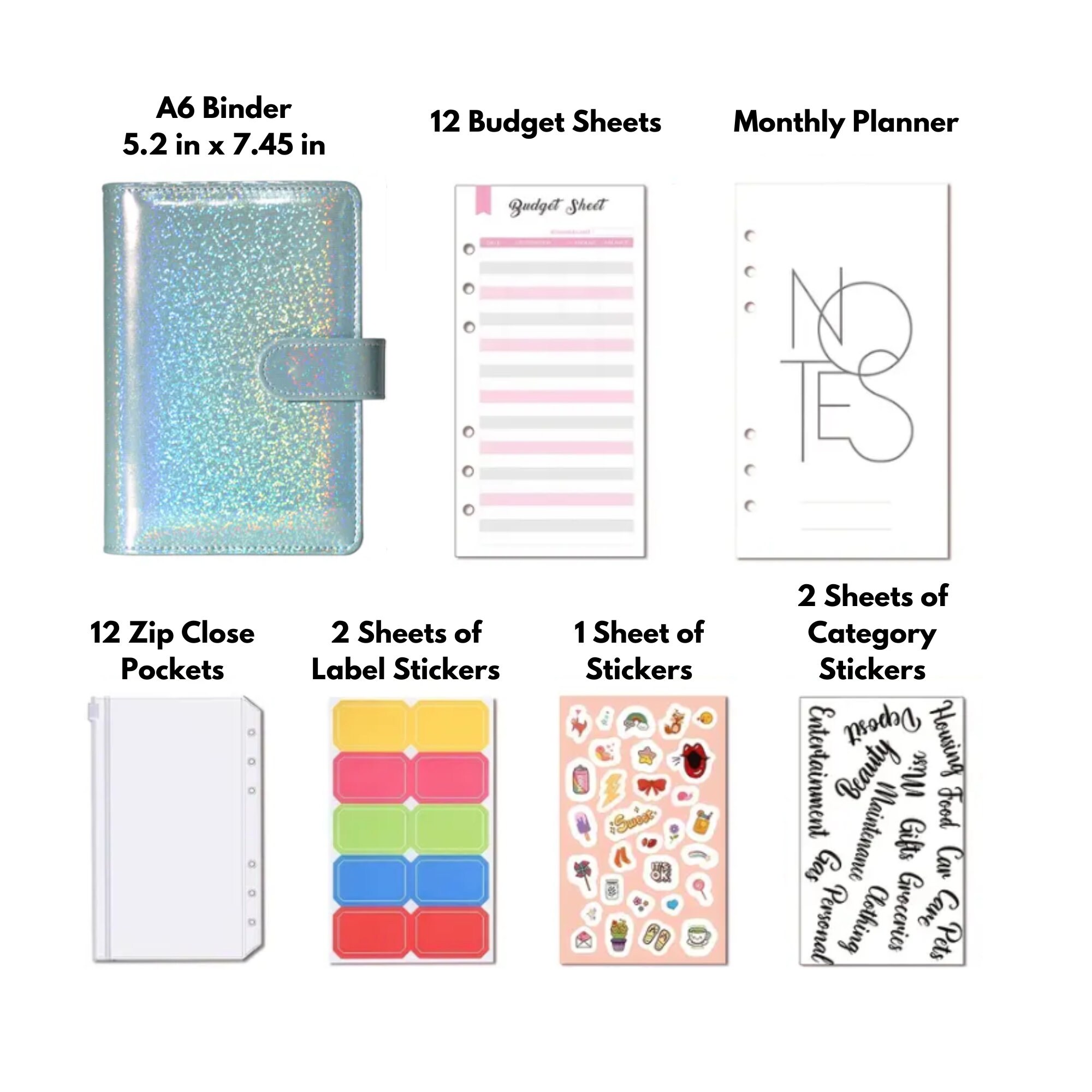 Blue Glitter A6 Budget Binder Kit With Envelopes, Category Stickers ...