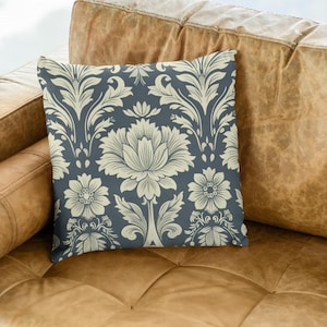 Blue Damask Throw Pillow Square Decorative Pillow for Elegant Home Decor Classic Demask Design Sofa Pillow for Traditional Home Style