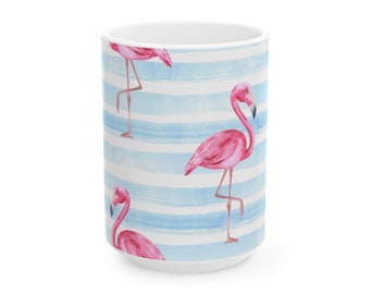 Flamingo Mug  11oz & 15oz Blue Stripe Flamingo Drink Cup Cute Flamingo Coffee or Tea Mug Tropical Mug Funny Mug Beach House Drinkware