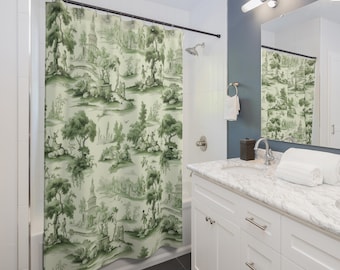 Rideaux de douche en toile française verte, salle de bain à la ferme, rideau de douche classique, décoration de salle de bain de style colonial, scène de campagne verte traditionnelle