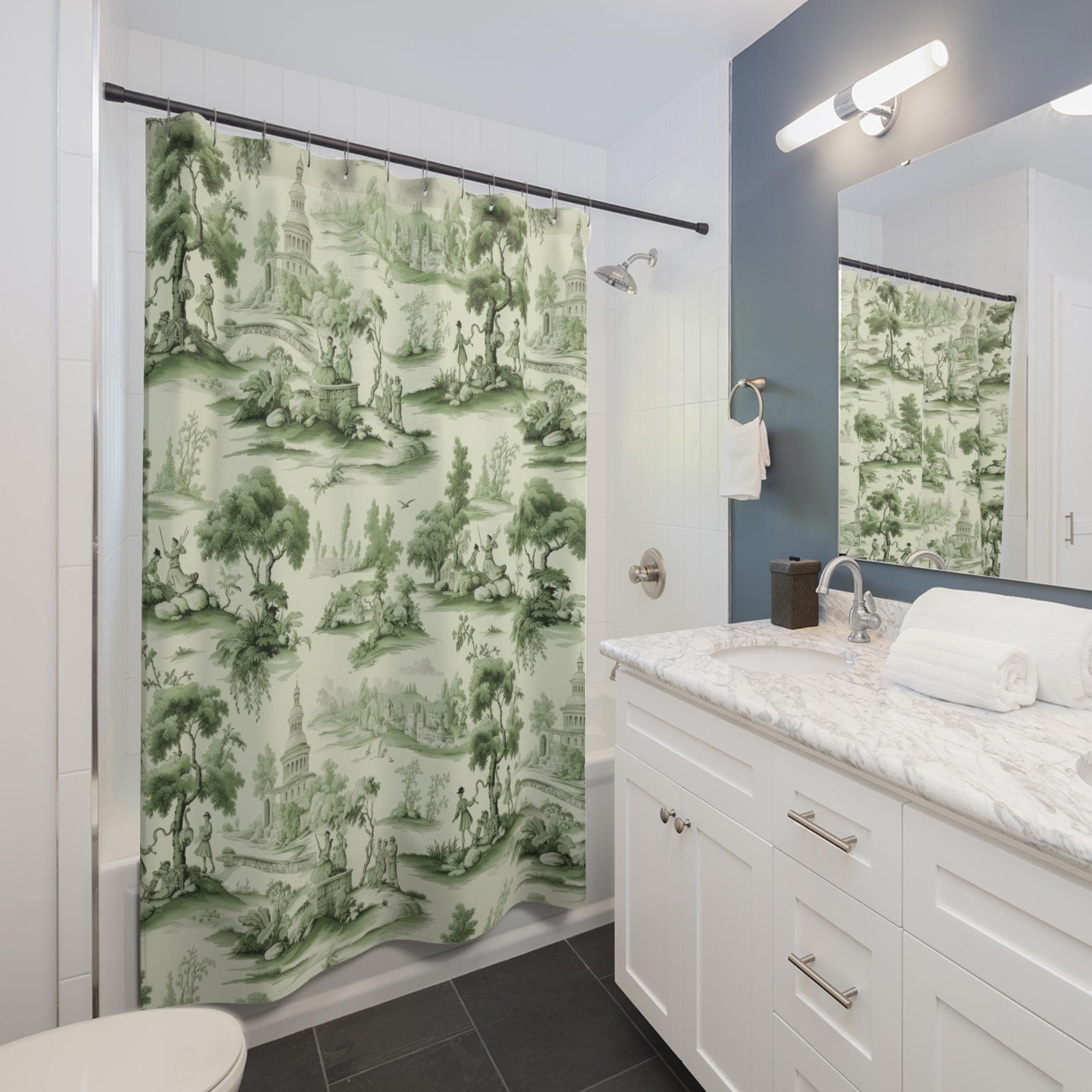 Green French Toile Shower Curtains Farm House Bath Classic Shower