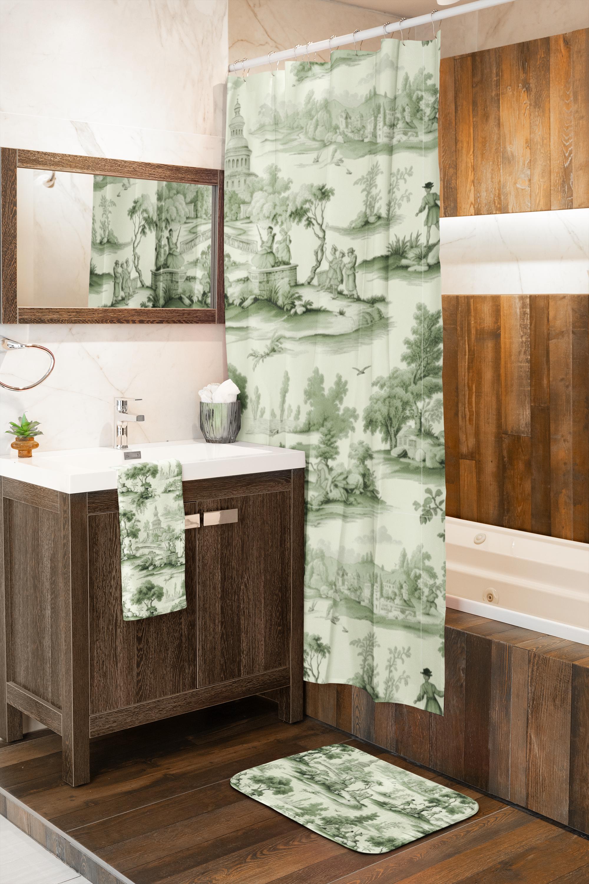 Green French Toile Shower Curtains Farm House Bath Classic Shower