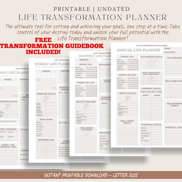 Printable Life Transformation Planner, Notion Life Planner, Ultimate Life Planner, Life Coaching, Life Changing, Free Guidebook Included