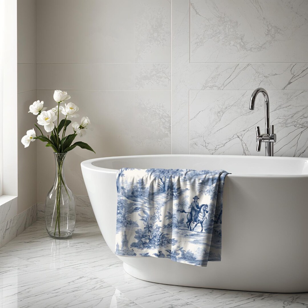 Luxurious French Toile Bath Towel Blue Soft Bath Towels Elegant