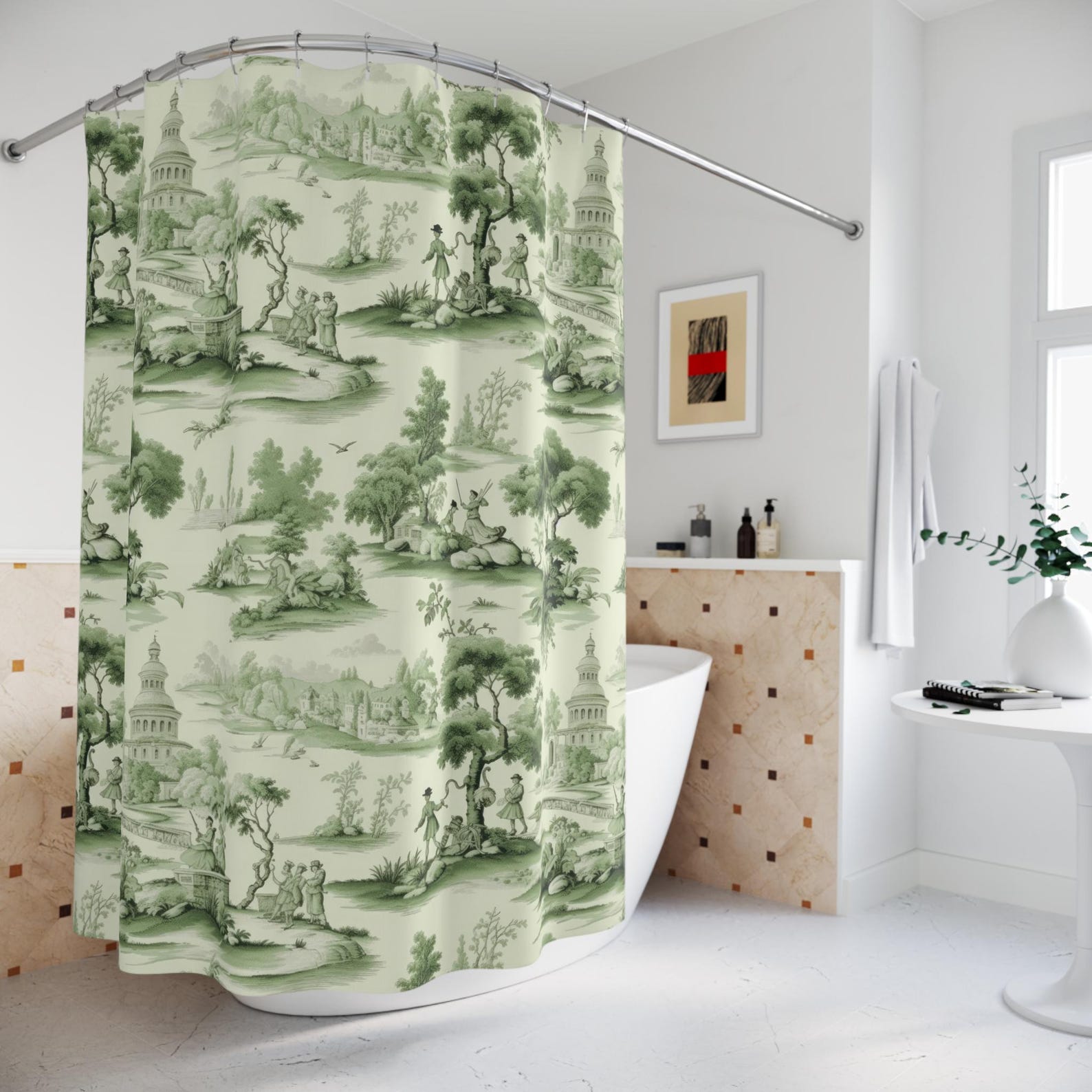 Green French Toile Shower Curtains Farm House Bath Classic Shower