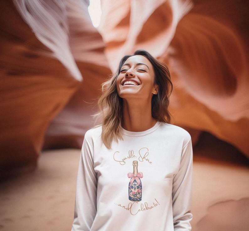 woman wearing holiday Sparkle Shine and Celebrate long sleeve t-shirt perfect for uplifting feel good shirt for women