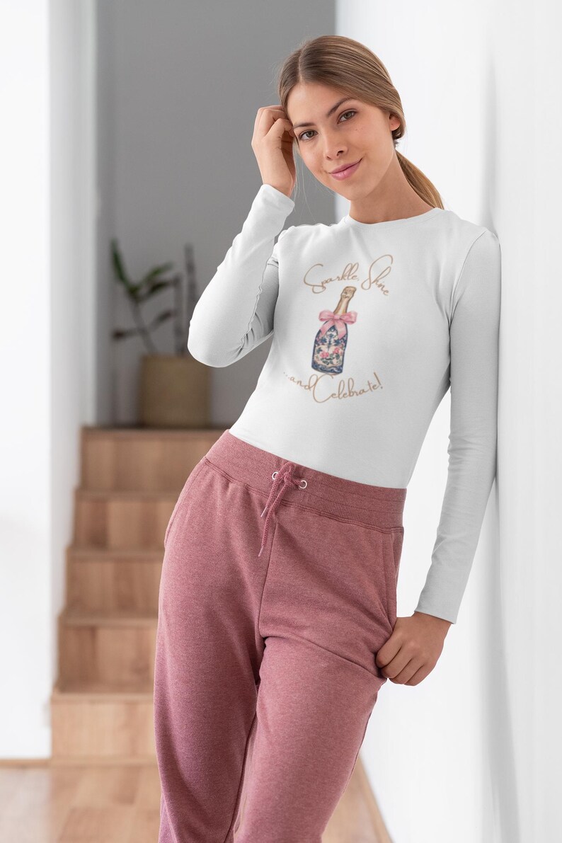 woman wearing holiday Sparkle Shine and Celebrate long sleeve t-shirt perfect for daughter or cousin gifts