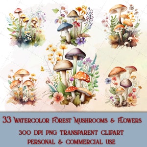 33 Watercolor forest mushrooms and flowers Clipart Bundle, Mushrooms png, Fantasy art, Magic mushrooms,Digital download