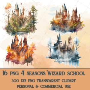 16 Wizard School 4 seasons Watercolor Clipart, Watercolor Magic School Clipart, Clipart Set, PNG Digital Download