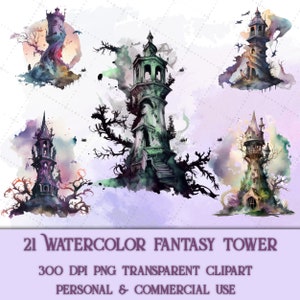 21 Watercolor Fantasy Tower Clipart, clipart, occulte clipart, witch png, fantasy tower Clipart, usage commercial, png coloré