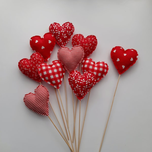 Heart on a stick Fabric heart decorations Table decor Heart topper Red and white Valentines day Home decor Gift