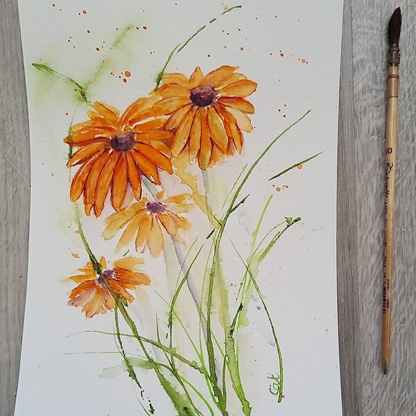 Peinture Aquarelle Originale fleurs Rudbekias