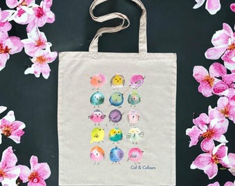 Organic Cotton Tote Bag with Naïve Birds, printed in France