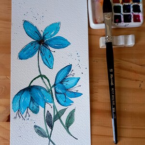 Peinture Aquarelle originale Fleurs Bleues