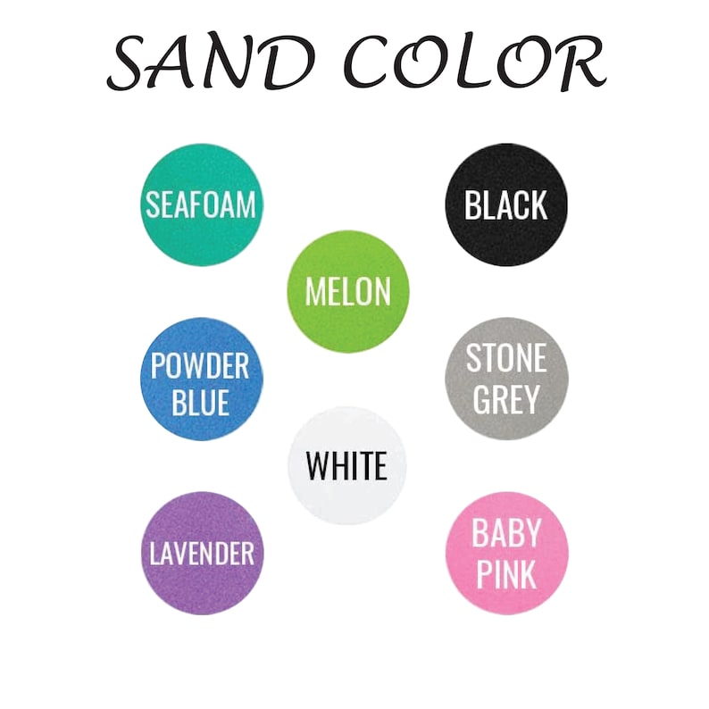 May include: A chart of ten different sand colours, including seafoam, black, melon, powder blue, stone grey, white, lavender, and baby pink.
