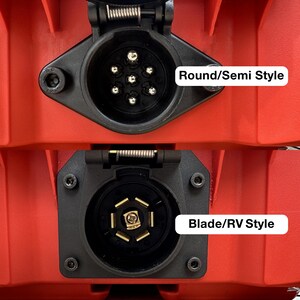 May include: Close-up of two trailer connector styles. The top connector is a round/semi style with seven pins. The bottom connector is a blade/RV style with seven blades. Both connectors are black and set against a red background.