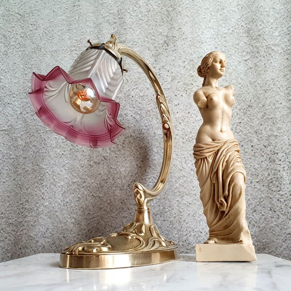 Jugendstil Tischlampe, massiv schwere Bronze Art Nouveau Art Deco Tischleuchte wunderschöne Jugendstil Tulpe - restauriert