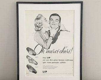Cartel publicitario vintage del reloj French Lip, impresión de revista de 1956. MARCO NO INCLUIDO.