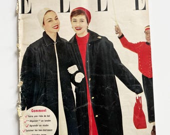 Vintage French ELLE Magazine, fashion illustration, February 1956, PAGES DETACHED