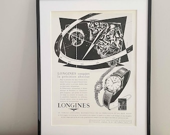 Vintage Longines watch ad poster, 1954 luxury brand decor, FRAME NOT INCLUDED