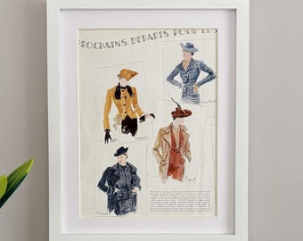 1936 French fashion illustration, vintage home decor, original magazine pages, FRAME NOT INCLUDED