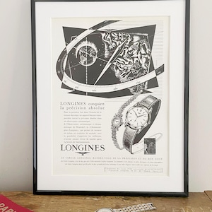 Swiss Longines watch ad poster, vintage luxury brand decor, unique gift for him, original page October 1954, FRAME NOT INCLUDED