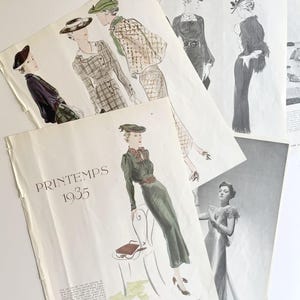 1930 French fashion illustration, vintage Parisian art for home décor, original collectible 5 pages April 1935