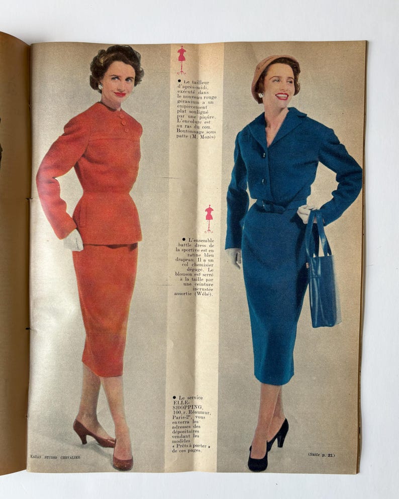 Vintage Elle magazine, August 1954, French fashion illustration, PAGES DETACHED image 5