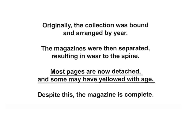May include: A collection of magazines bound and arranged by year. The magazines have been separated, resulting in wear to the spine. Most pages are detached and some have yellowed with age. Despite this, the magazine is complete.