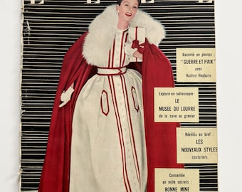 Vintage Elle magazine, December 1956, French fashion illustration, PAGES DETACHED