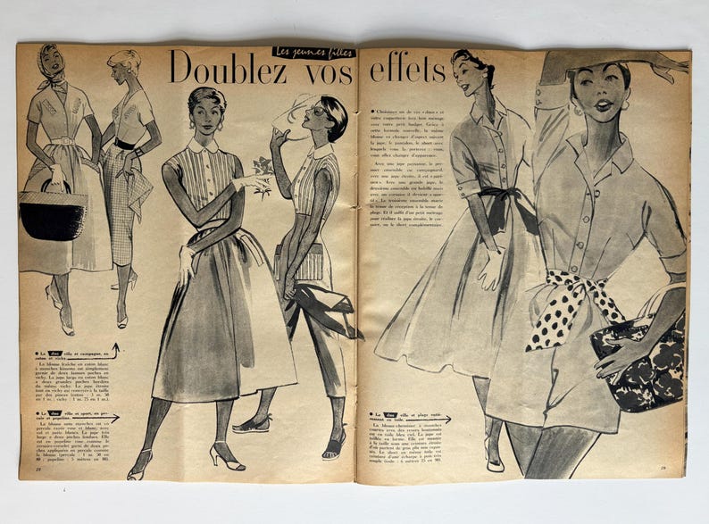 Vintage Elle magazine, August 1954, French fashion illustration, PAGES DETACHED image 7