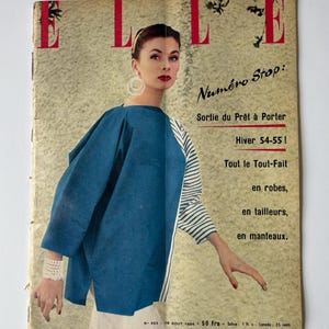 Vintage Elle magazine, August 1954, French fashion illustration, PAGES DETACHED image 1
