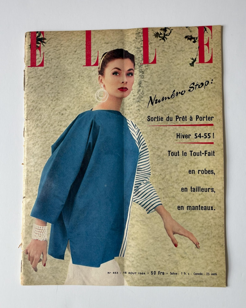 Vintage Elle magazine, August 1954, French fashion illustration, PAGES DETACHED image 1